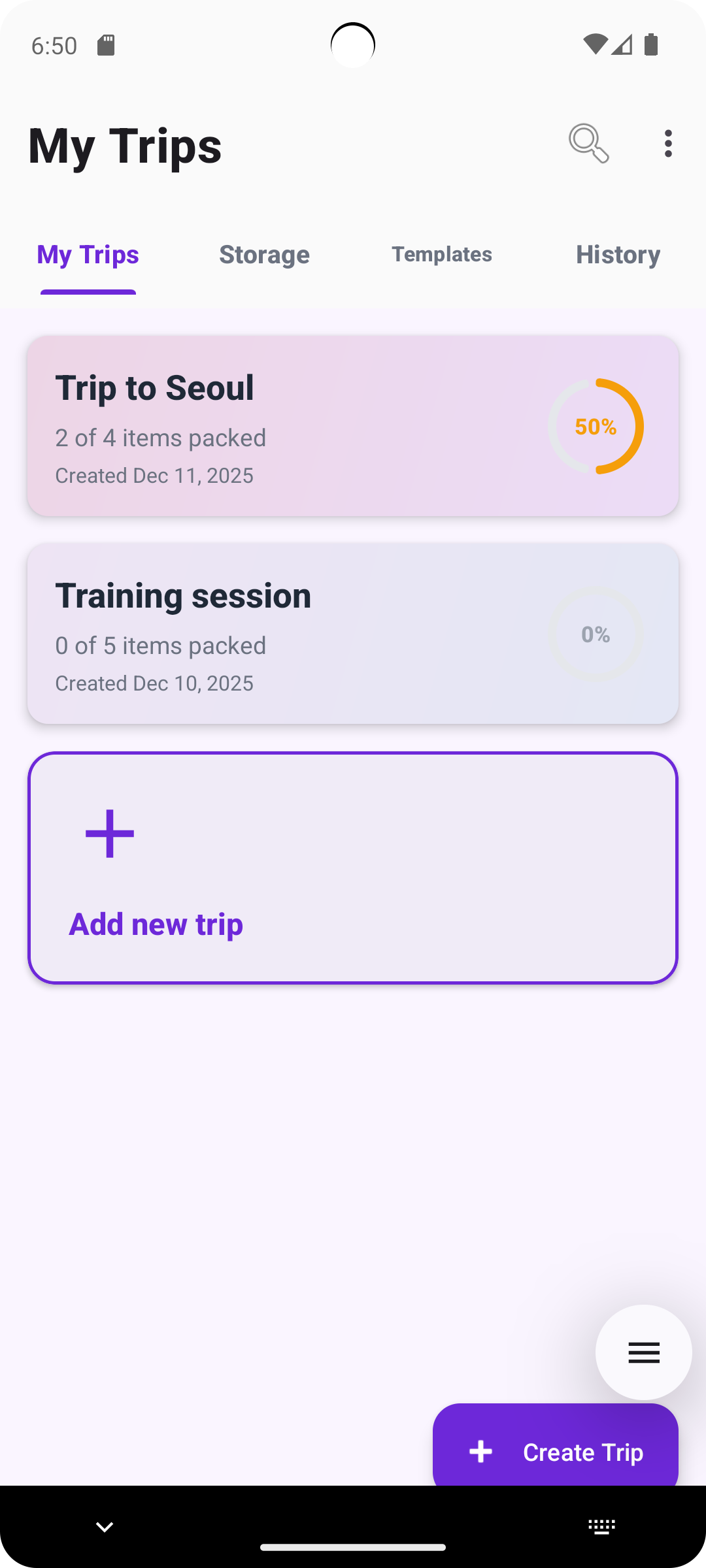 PicPack App - My Trips List Interface