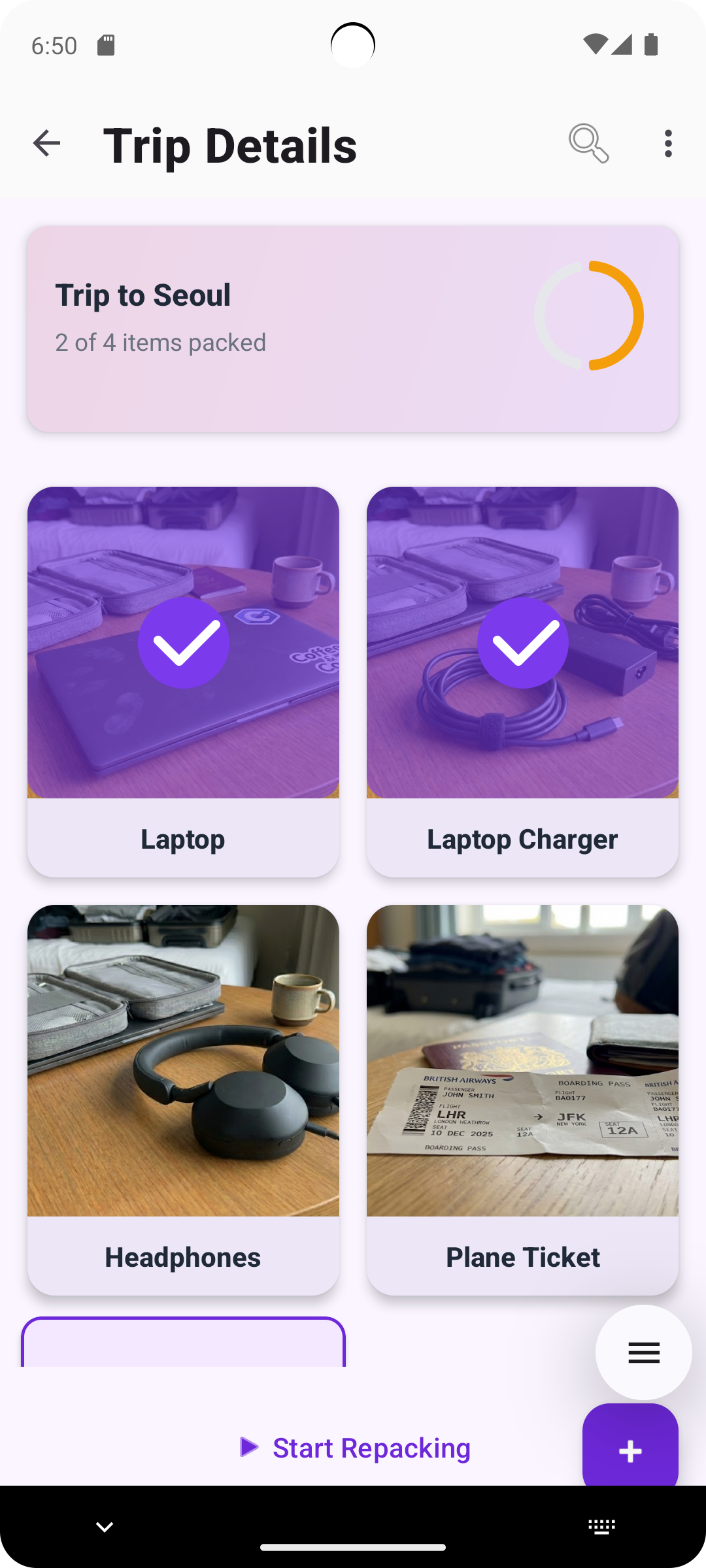 PicPack App - Trip Packing List Details